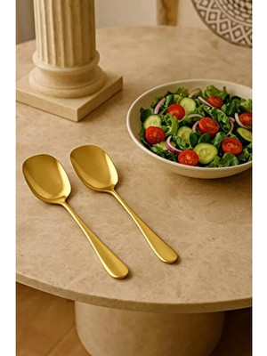 Aygoren Home Pratik 2 Adet Paslanmaz Gold Çelik Lüx Servis Salata Kaşığı Spatula Çelik Yemek Servis Kaşığı 21CM