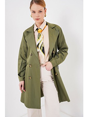 Bigdart Kruvaze Yaka Kısa Trençkot Kadın Haki Denim Kumaş Oversize Tasarım