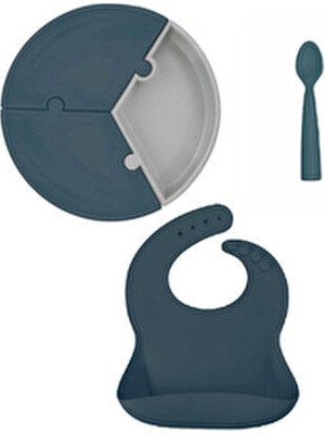 Porsiyon Puzzle Deep Blue Tabak & Basic Önlük & Nam Nam Kaşık Set