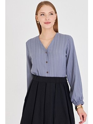 Kadın Gri Kolu Lastikli Bürümcük Gömlek ARM-24K001002