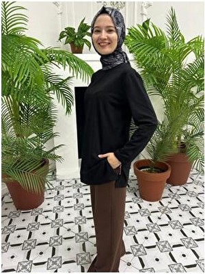 Alerva Kadın Uzun Kollu T-Shirt Pamuklu Günlük Stil Oversize Tasarım Siyah Renk