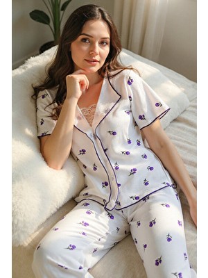 Bella Notte Yazlık Pamuklu Pijama Takımı  Mor Çiçek Desenli Dantel Detaylı Rahat Tasarım