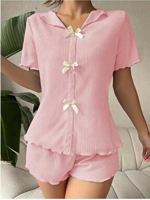 Bella Notte V Yaka Pamuklu Pijama Takımı  Düz Desen Fiyonklu Şık Tasarım