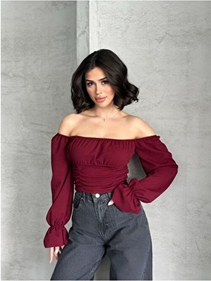 Kadın Bordo Madonnna Yaka Balon Kollu Beli Lastikli Esnek Şık Krep Bluz