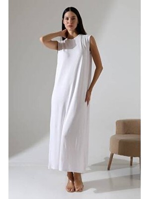 Kadın Beyaz Oversize Sıfır Kol Bisiklet Yaka Basic Günlük Uzun Içlik Tunik Viscon Kumaş