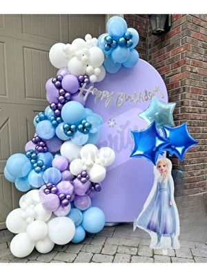 Elsa Frozen Konsept Lila Beyaz Mavi ve Krom Balon 100 Lü Elsa Folyo Balon Yıldız Süslü Parti Seti