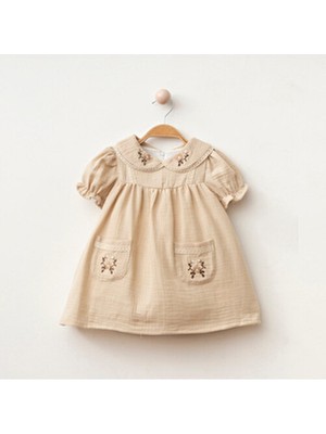 My Lusa Baby Çiçek Nakışlı Bej Müslin Kız Bebe Elbise Slim Kalıp Yaz Stili