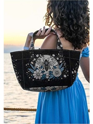 Kadın Vegan Deri Siyah Medium Tote Bag - Bee With Flowers Tasarım