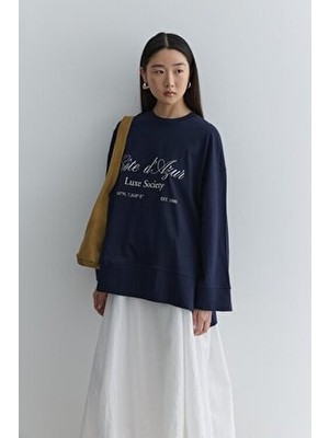 Fahhar Kadın Lacivert Baskılı Kalın Katlamalı Sweatshirt Uzun Kollu Cepsiz Regular Fit