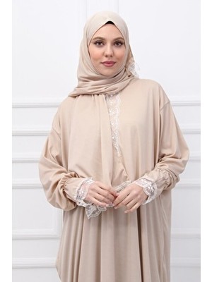 Defka Kendinden Başörtülü Dantelli Kadın Tesettür Namaz Elbisesi Pamuk - Polyester Uzun Kol Düz Desen