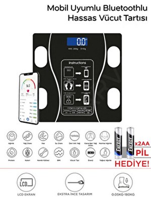 Akıllı Bluetooth Tartı | Vücut Analizli Dijital Baskül – 180 Kg, LCD Ekran, Mobil Uyumlu