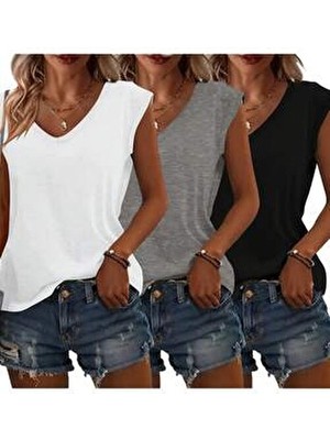 Mercoledi Kadın 3 Renk Kolsuz Oversize V Yaka Boyfriend T-Shirt Set Günlük Tarz