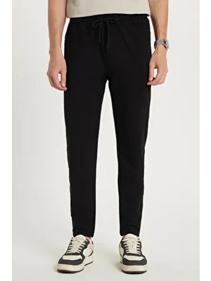 Unisex Standart Fit Pamuklu 2 Iplik Fermuar Cepli Lastikli Bağlamalı Düz Paça Siyah Eşofman Altı