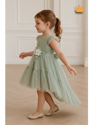 2-6 Yaş Büzgü Tül Detaylı Taş Işleme Çiçekli Kız Çocuk Abiye Elbise Bayramlık Gelinlik Yeşil 6505