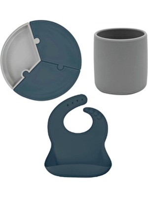 OiOi Porsiyon Puzzle Deep Blue Tabak & Mini Bardak & Basic Önlük BPA İçermez Özellikleri ile Güvenli Beslenme