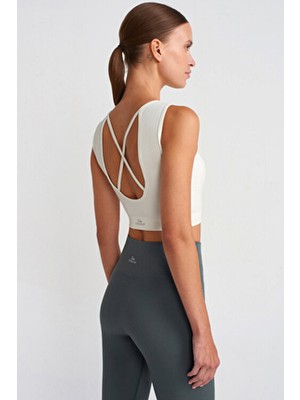COMEUP Göğüs Pedli Rib Dokulu Sırtı Çapraz Crop Top Fildişi Beyazı