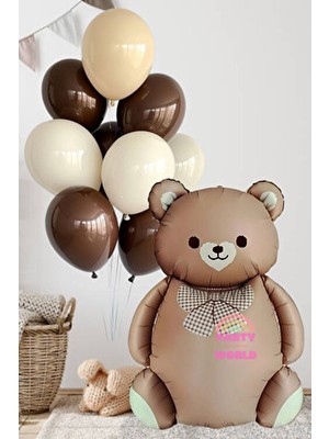 Papyonlu Kahverengi Ayıcık Folyo Balon & 10’lu Kahverengi Tonlar Balon Seti