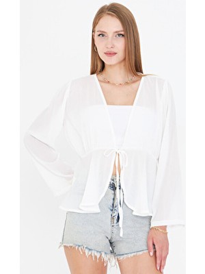 Kadın Beyaz Önden Bağlama Detaylı Şifon Kimono Hırka ARM-25Y001072