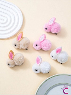 6'lı Beyaz Pembe Bej Tavşanlı Yumuşak Astarlı Pens Toka Seti - Kız Bebek Çocuk Klipsli Saç Tokası