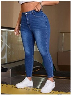 Noxter Kadın Büyük Beden Mavi Denim Pantolon Uzun Kesim Düz Desenli Esnek Kumaş