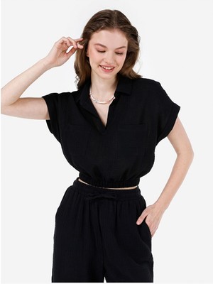 Regular Fit Shirt Neck  Kadın Siyah Kısa Kol Gömlek