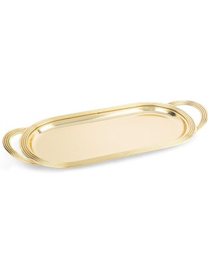 Altın Rengi Oval Kulplu Metal Tepsi 48X21 cm