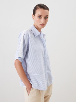 Lc Waikiki Yeni Sezon Çizgili Dantel Detaylı Oversize Kadın Gömlek