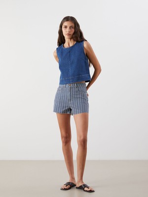 Lc Waikiki Yeni Sezon Standart Fit Çizgili Kadın Jean Şort