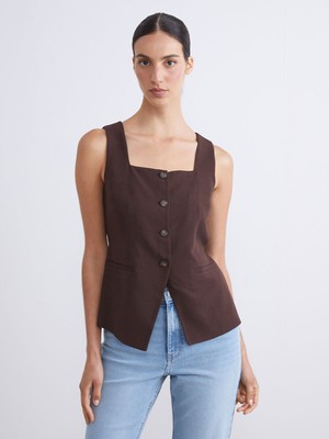 Lc Waikiki Yeni Sezon Kare Yaka Keten Karışımlı Kadın Klasik Yelek