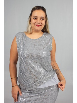 Büyük Beden Astarlı Pul Payet Beden Işıltılı ve Zarif Bluz