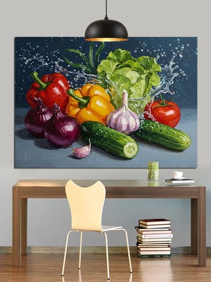 Taze Sebzeler ve Sarımsak Natürmort Dekoratif Kanvas - Mdf Ahşap Tablo
