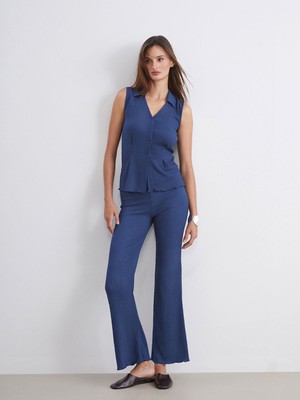 Lc Waikiki Yeni Sezon Beli Lastikli Dokulu Ispanyol Paça Kadın Pantolon