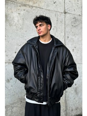 Oversize Vintage Erkek Siyah Deri Ceket