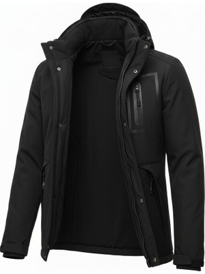 Mero Life Outdoor Kapüşonlu Su ve Rüzgar Geçirmez Kapitone Içi Kürklü Elyaf Dolgulu Şişme Siyah Softshell Mont