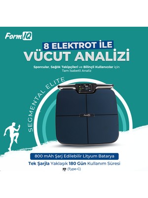Form IQ Segmental Elite | 8 Elektrotlu Bölgesel Vücut Analizi | Yağ Kas Ölçümü Akıllı Tartı | Wi-Fi, 3.5" TFT, Type-C
