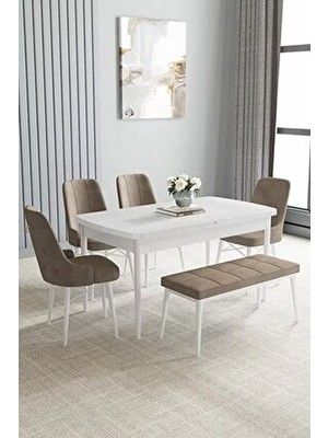 Loft Beyaz 80X132 Açılabilir Mdf Masa Yemek Odası Takımı, Mutfak Takımı 4 Sandalye, 1 Bench