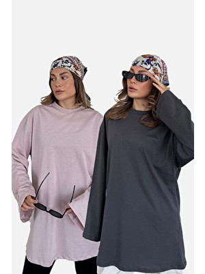 C&city Kadın Oversize Geniş Kol 2'li Paket T-Shirt Pamuklu Uzun Kol Casual Stil 964 Lila/füme