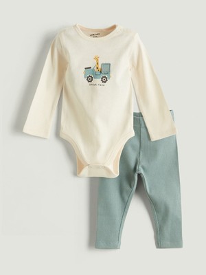 Lc Waikiki Yeni Sezon Bisiklet Yaka Uzun Kollu Baskılı Erkek Bebek Çıtçıtlı Body ve Pantolon 2'li Takım