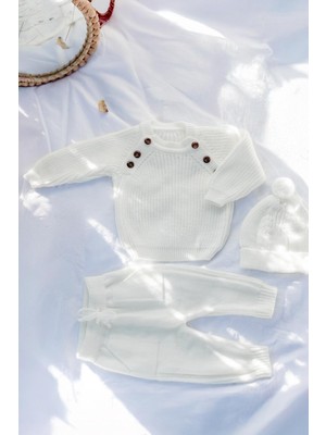 Triko Bereli Yandan Düğmeli Alt Üst Takım Bebek Set Ekru
