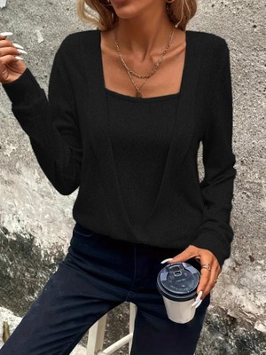 Aisha Elbise Kadın Uzun Kollu Kruvaze Yaka Kol ve Etek Ucu Manşet Detay Yumoş Bluz