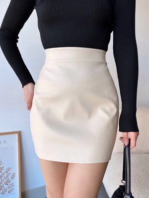 Düz Deri Etek Bej H24468