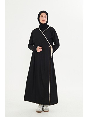 Kruvaze Yaka Içten Dıştan Bağlamalı Namaz Elbisesi Siyah Esnek Kumaş, Tesettür Elbise, Namaz Elbise