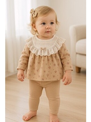 Dinamik çocuk Kız Bebek Çiçek Desenli Dantelli Fırfırlı Yaka 2li Takım Uzun Kollu Mevsimlik 3-6-9-12-18-24ay