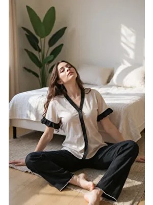 Bella Notte Pamuklu Yazlık Pijama Takımı  Siyah Düz Desenli V Yaka