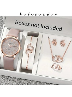 "rose Gold Kalp Tasarım Kadın Saat Bileklik Kolye Küpe Yüzük Takı Seti - Kutusuz"