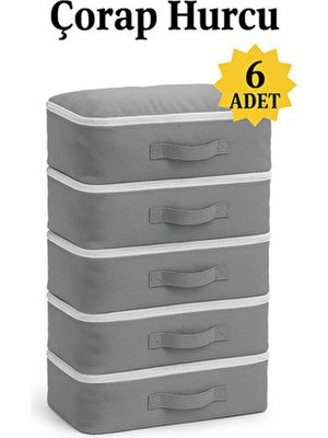 (6 Adet) Çorap Hurcu Gri Kumaş Organizer Fermuarlı Saklama Hurcu Çekmece Içi Düzenleyici 29X24X17CM