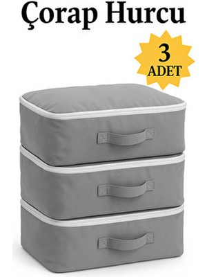 (3 Adet) Çorap Hurcu Gri Kumaş Organizer Fermuarlı Saklama Hurcu Çekmece Içi Düzenleyici 29X24X17CM