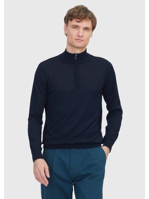 Lacivert Yarım Balıkçı Yaka Düz Örgü Yün Karışımlı Triko Kazak