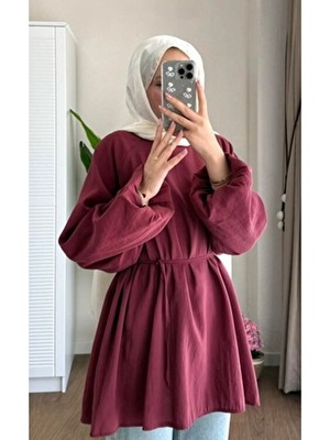 Moonsc Kadın Balon Kol Bel Bağlamalı Standart Beden Bordo Tunik Tesettür Gömlek