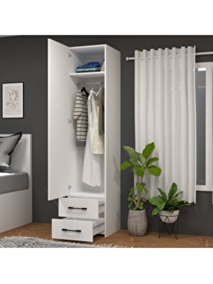 Retro-5 Iki Çekmeceli Raflı ve Askılı Tek Kapaklı Gardırop Beyaz